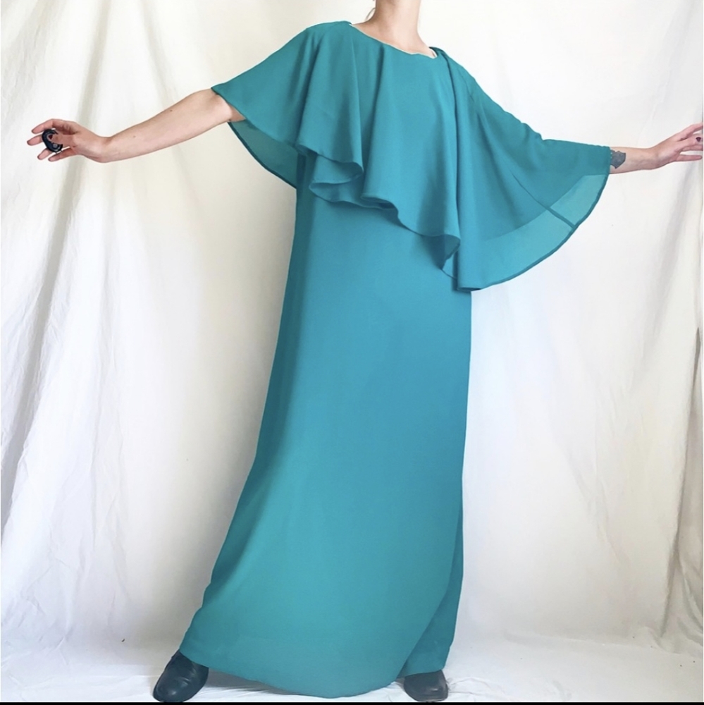 Vintage 80s Asymmetrical Ruffle CollarTeal Maxi Dress